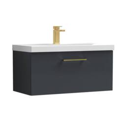 Balterley 800mm Wall Hung 1 Drawer Vanity Basin Unit, Dark Grey, Brass Handle in Grey - thumbnail 1
