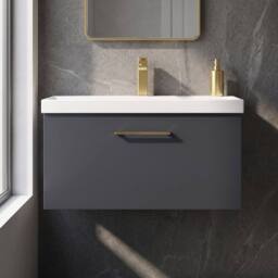 Balterley 800mm Wall Hung 1 Drawer Vanity Basin Unit, Dark Grey, Brass Handle in Grey - thumbnail 9