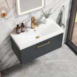 Balterley 800mm Wall Hung 1 Drawer Vanity Basin Unit, Dark Grey, Brass Handle in Grey - thumbnail 3