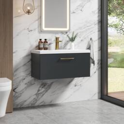 Balterley 800mm Wall Hung 1 Drawer Vanity Basin Unit, Dark Grey, Brass Handle in Grey - thumbnail 4