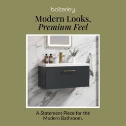 Balterley 800mm Wall Hung 1 Drawer Vanity Basin Unit, Dark Grey, Brass Handle in Grey - thumbnail 7