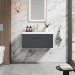 Balterley 800mm Wall Hung 1 Drawer Vanity Basin Unit, Dark Grey, Brass Handle in Grey - thumbnail 2