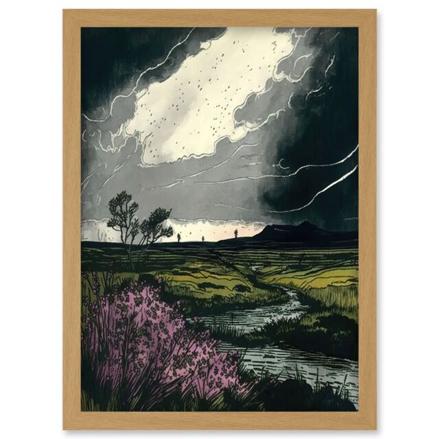 Artery8 Storm Clouds at Scottish Meadow with Heather Shrub Artwork Framed Wall Art Print A4 in Light Oak - image 1