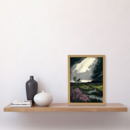 Artery8 Storm Clouds at Scottish Meadow with Heather Shrub Artwork Framed Wall Art Print A4 in Light Oak - thumbnail 2