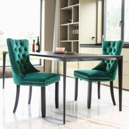 HomeTouch Taylor Pair of Lux Velvet Kitchen Dining Chairs with Knocker in Green - Size: 2 Pack