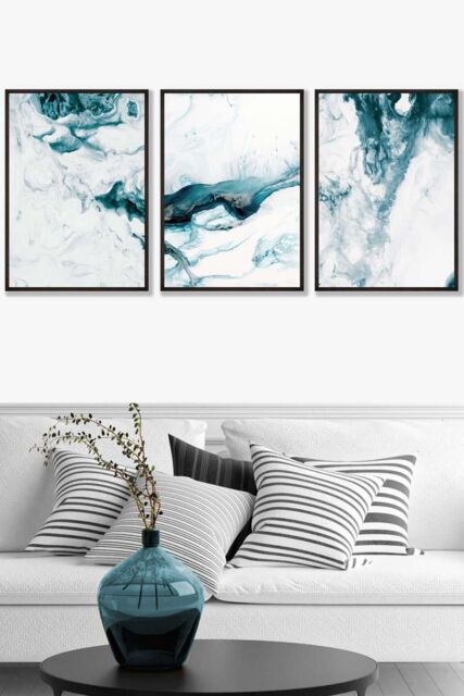 ARTZE Teal Blue Abstract Ocean Waves Framed Wall Art - Large in Black - Size: W53 cm x H73 cm x D20mm - image 1