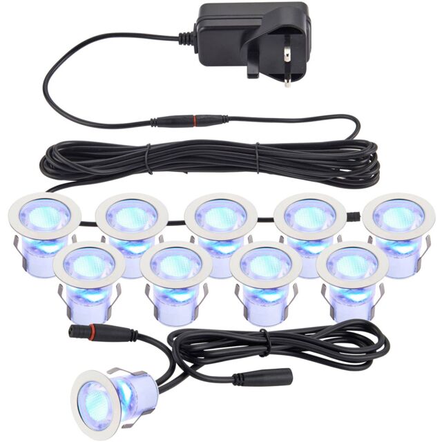 Loops Recessed IP44 Decking Guide Light Kit - 10 x Blue Light LED - Stainless Steel in Metallics - image 1