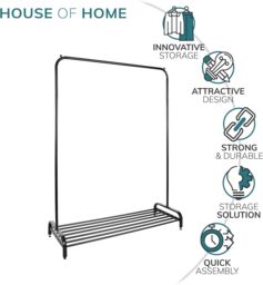 House of Home Clothes Rail Garment Rack With Shoe Storage Shelf Adjustable Feet Easy Build in Black - thumbnail 2