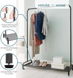 House of Home Clothes Rail Garment Rack With Shoe Storage Shelf Adjustable Feet Easy Build in Black - thumbnail 3