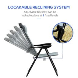 OUTSUNNY Garden Chairs Set of 2 Folding Camping Chair Recliners in Grey - Size: 2 Pack - thumbnail 6