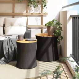 Berkfield Home Garden Side Tables 2 pcs with Wooden Top Black Poly Rattan - thumbnail 3