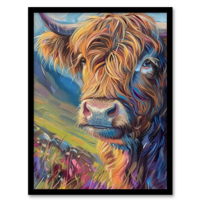 Artery8 Wall Art Print Scottish Highland Cow Hairy Coo Oil Painting Art Framed Poster in Black - Size: A4 - image 1