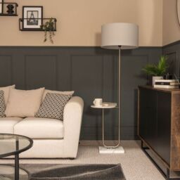 ValueLights Tavel Brushed Chrome Marble Base Floor Lamp With Table & Large Grey Shade in Silver