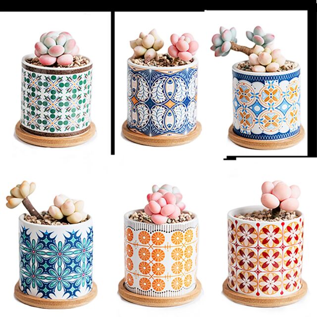 simpa 6PC Bohemian Pattern Ceramic Plant Pots with Bamboo Base - image 1