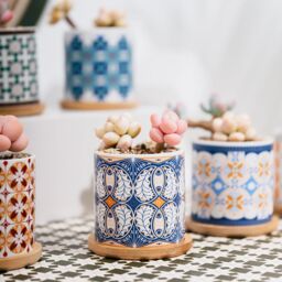 simpa 6PC Bohemian Pattern Ceramic Plant Pots with Bamboo Base - thumbnail 5