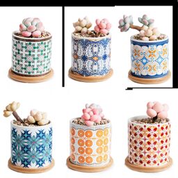 simpa 6PC Bohemian Pattern Ceramic Plant Pots with Bamboo Base - thumbnail 1