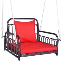 Hanging Porch Swing Chair Rattan Woven Rocking Chair w/ Cushion & Rope
