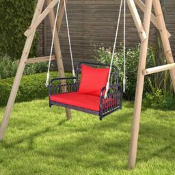 Costway Hanging Porch Swing Chair Rattan Woven Rocking Chair w/ Cushion & Rope in Red - thumbnail 3