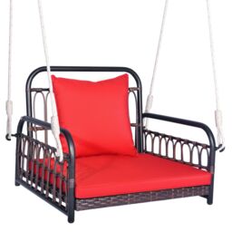 Costway Hanging Porch Swing Chair Rattan Woven Rocking Chair w/ Cushion & Rope in Red