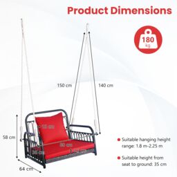 Costway Hanging Porch Swing Chair Rattan Woven Rocking Chair w/ Cushion & Rope in Red - thumbnail 5