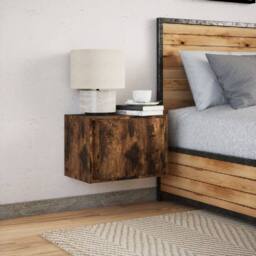 Berkfield Home Wall-mounted Bedside Cabinet with LED Lights Smoked Oak in Brown - thumbnail 4