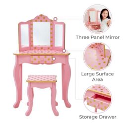 Teamson Kids Gisele Kids Dressing Table Vanity Set With Mirror Stool & LED Lights in Gold - thumbnail 5