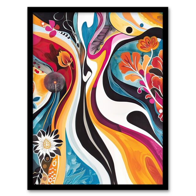 "Artery8 Bright Colourful Psychedelic Floral Painting Framed Art Print - Size: W12"" x H16""" - image 1