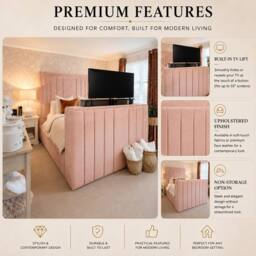 Stratus Interiors Modern Lined TV Panel Bed with Integrated TV Lift - Non Storage in Pink - Size: Double - thumbnail 2