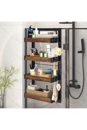Living and Home 4 Tier Hanging Detachable Shower Caddy Shelf Kitchen Pantry Organizer Over Door No Drilling in Brown - thumbnail 1