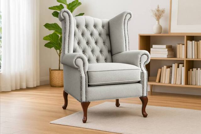 Somnior Chesterfield Queen Anne Scrolled Arm Chair Sherpa Fabric in Silver - Size: 1 Seater - image 1