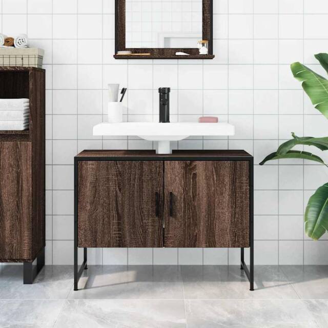 Berkfield Home Sturdy Bathroom Sink Cabinet Brown Oak 80x33x60 cm Engineered Wood - Size: 80 x 33 x 60 cm - image 1
