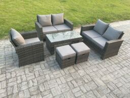 Fimous 7 Seater Rattan Outdoor Garden Furniture Sofa Set with Coffee Table 2 Small Footstool Dark Grey Mixed - thumbnail 2