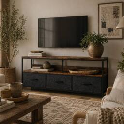 Wyld Haus Avasoro 120cm Rustic Brown TV Storage Unit 3 Foldable Fabric Drawers