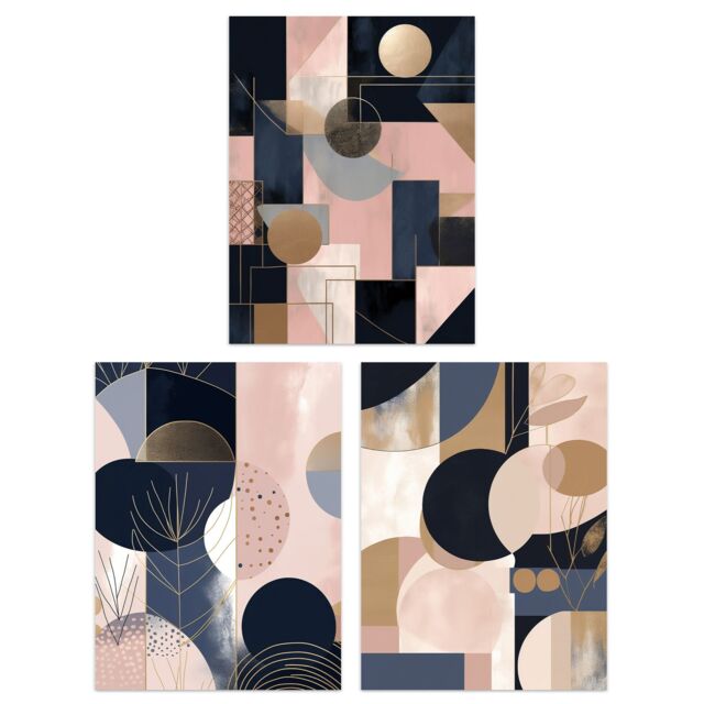 "Artery8 Set of 3 Abstract Geometric Paintings Soft Pastel Pink Gold Blue Unframed Wall Art Living Room Poster Prints Pack - Size: W12"" x H16""" - image 1