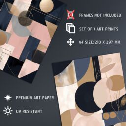 "Artery8 Set of 3 Abstract Geometric Paintings Soft Pastel Pink Gold Blue Unframed Wall Art Living Room Poster Prints Pack - Size: W12"" x H16""" - thumbnail 4