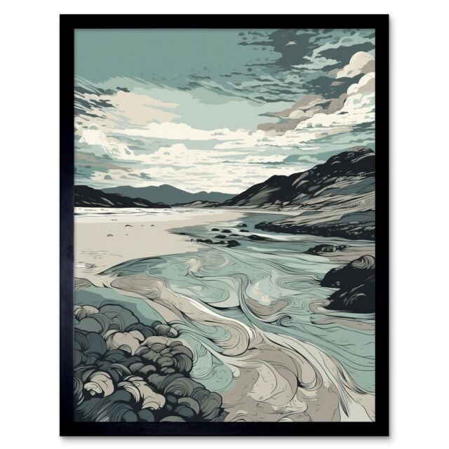 "Artery8 Wall Art Print Luskentyre Beach Coastal Landscape Art Framed in Black - Size: W12"" x H16""" - image 1
