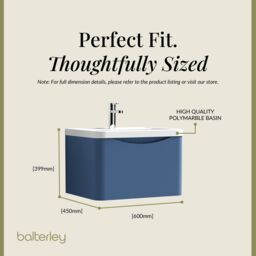 Balterley Wall Hung 1 Drawer Bathroom Vanity Unit & Basin, Satin Blue, 550mm in Blue - thumbnail 5