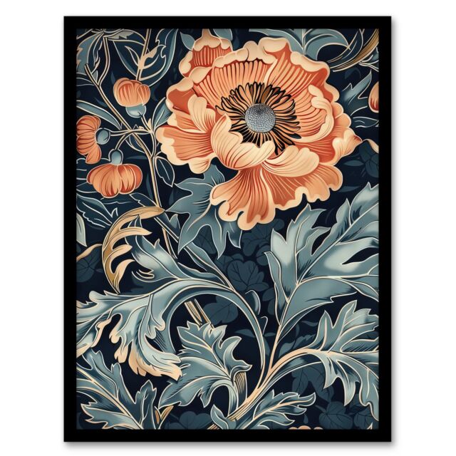 "Artery8 Poppies in Leaves Painting Soft Floral Framed Art Print in Blue - Size: W12"" x H16""" - image 1