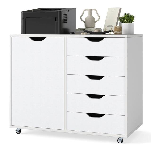 Costway 5-Drawer Chest Mobile Chest of Drawers with Adjustable Shelf in White - image 1