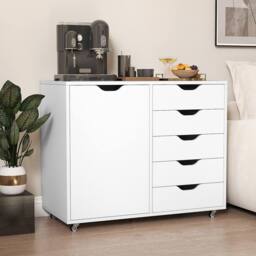 Costway 5-Drawer Chest Mobile Chest of Drawers with Adjustable Shelf in White - thumbnail 4