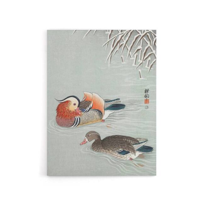 "Artery8 Two Mandarin Ducks in Snow Canvas Wall Art Print Ohara Koson - Size: W18"" x H24""" - image 1