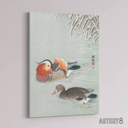 "Artery8 Two Mandarin Ducks in Snow Canvas Wall Art Print Ohara Koson - Size: W18"" x H24""" - thumbnail 2