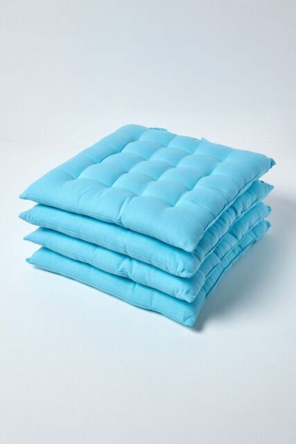 Homescapes 4 Pack Seat Pads Luxury 100% Cotton Indoor Outdoor Garden Cushion, 40cm in Light Blue - Size: 40 cm x 40 cm - image 1