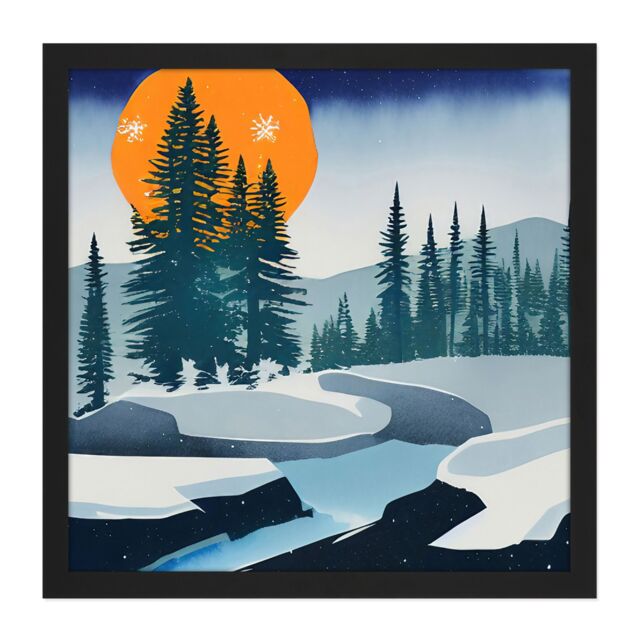 "Artery8 Wall Art Print Orange Moon Mountains Pine Forest Winter River Rocks Watercolour Square Framed Picture 16X16 Inch in Black - Size: W16"" x H16""" - image 1