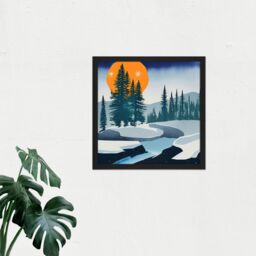 "Artery8 Wall Art Print Orange Moon Mountains Pine Forest Winter River Rocks Watercolour Square Framed Picture 16X16 Inch in Black - Size: W16"" x H16""" - thumbnail 2