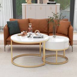 HomeTouch Set of 2 Marble Effect Round Coffee Tables with Gold Frame in White - Size: 2 Pack - thumbnail 9