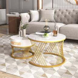 HomeTouch Set of 2 Marble Effect Round Coffee Tables with Gold Frame in White - Size: 2 Pack - thumbnail 8