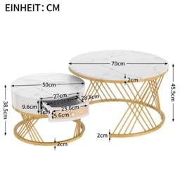 HomeTouch Set of 2 Marble Effect Round Coffee Tables with Gold Frame in White - Size: 2 Pack - thumbnail 7