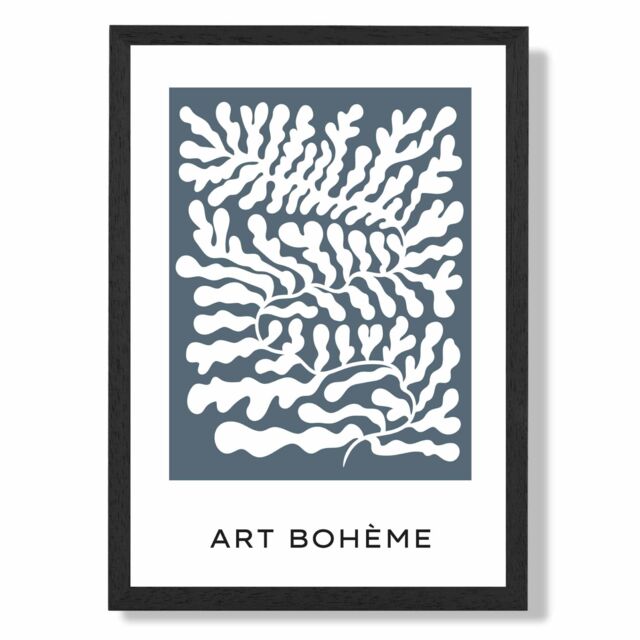ARTZE Blue & White Matisse Style Floral Cutout Framed Print SIZE: A4 with Black Frame in Mid Blue - image 1