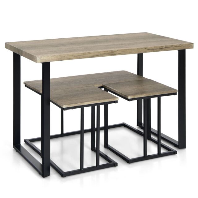 Costway 4PCS Industrial Dining Table & Chair Set Kitchen Furniture Table Bench 2 Stools in Grey - image 1